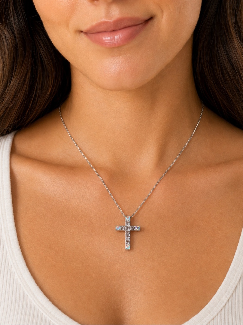 Silver Cross Crystal Pendant Necklace